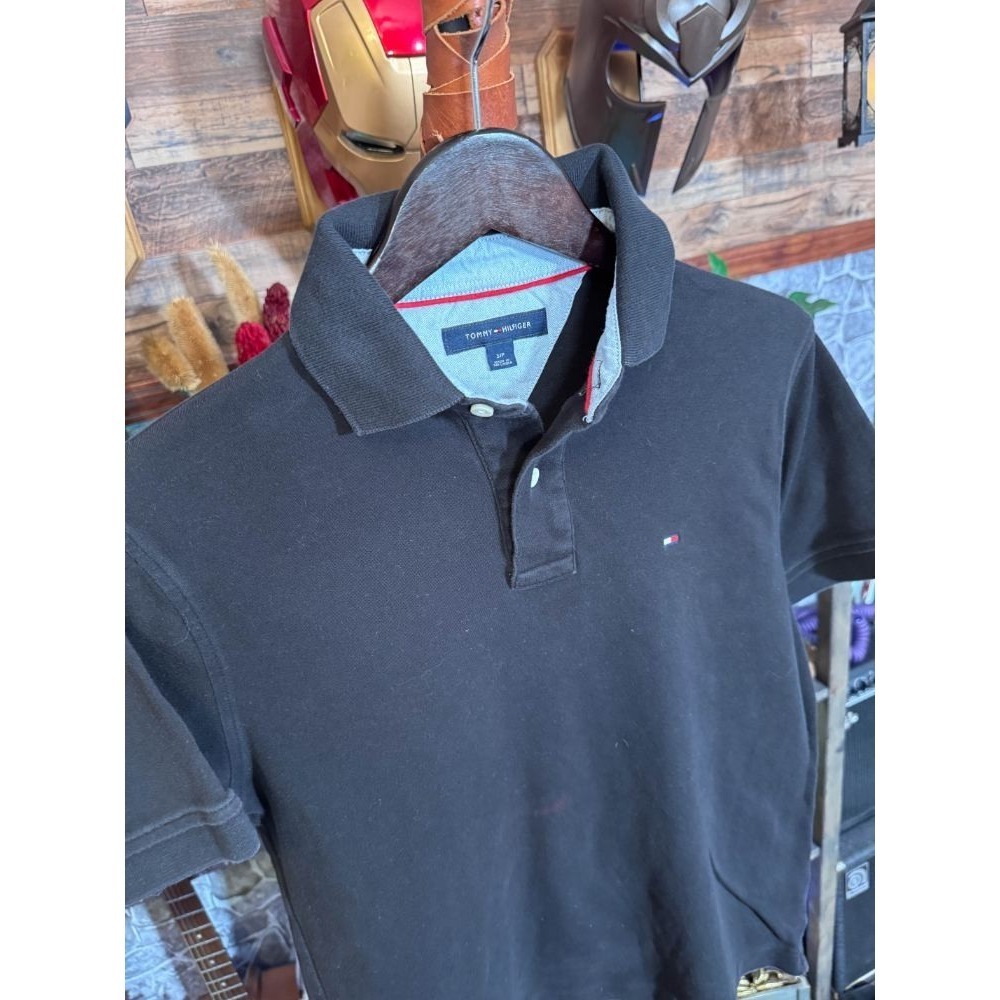 Tommy Hilfiger Polo Shirt Black Flag Logo Casual Preppy Tee Small